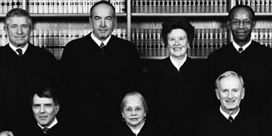 Supreme Court 1982 - (Front)Alan B. Handler, Chief Justice Deborah Poritz, Stewart G. Pollock (Back)Gary S. Stein, Daniel J. O’Hern, Marie L. Garibaldi, James H. Coleman Jr